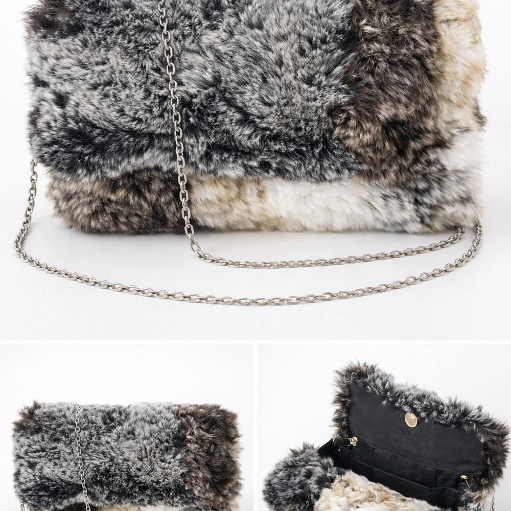 Faux Fur Clutch Bag With Chain Strap Gray White Black Plush Evening Purse